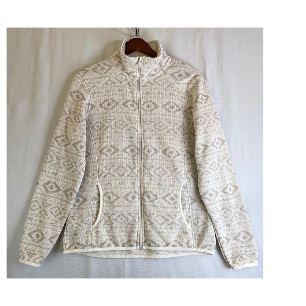 Eddie Bauer Womens Full Zip Fleece Jacket Large Cream Taupe Fair Isle Geometric